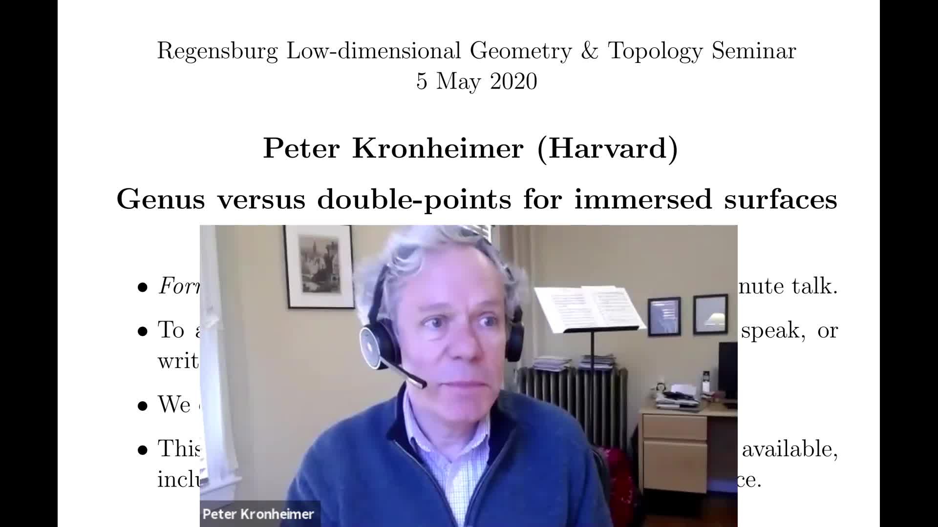 Peter Kronheimer: Genus versus double-points for immersed surfaces (RLGTS, 5 May 2020)