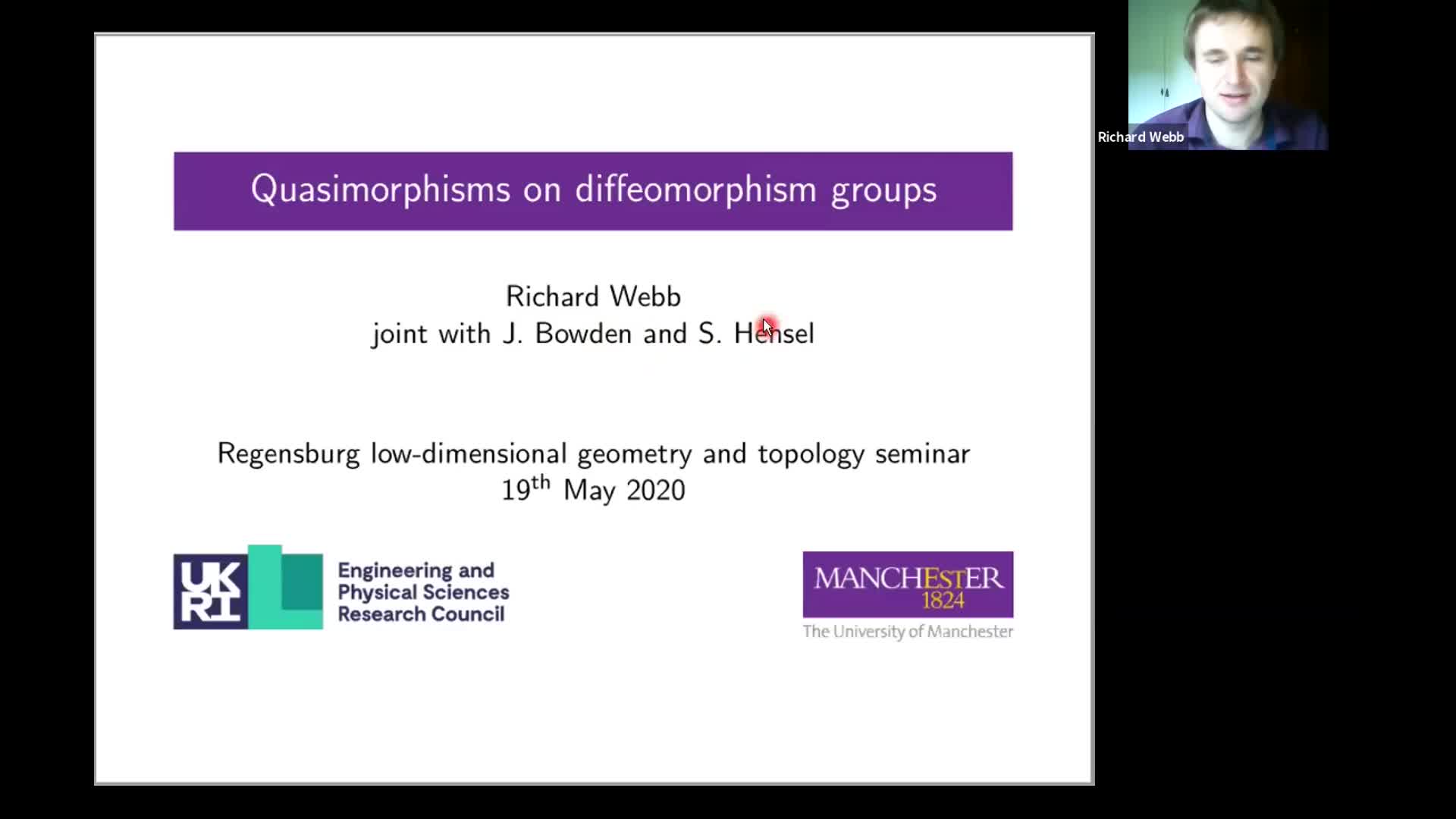 Richard Webb:  Quasimorphisms on diffeomorphism groups (RLGTS, 19 May 2020)