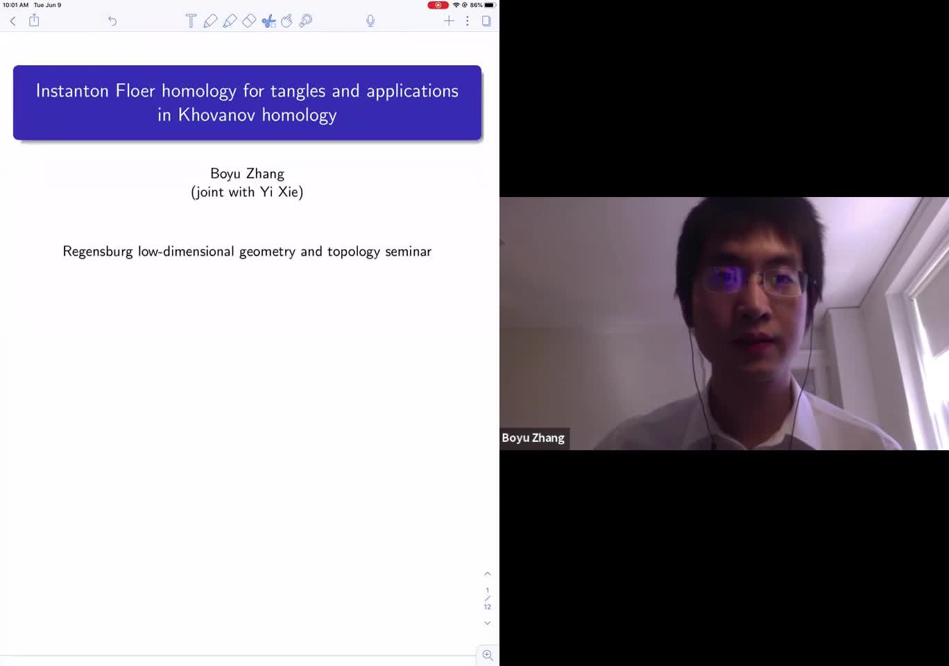 Boyu Zhang: Instanton Floer homology for tangles and applications in Khovanov homology (RLGTS, 9 June 2020)