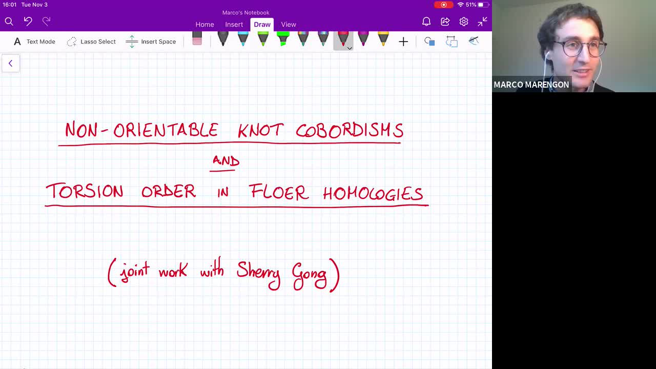 Marco Marengon: Non-orientable knot cobordisms and torsion order in Floer homologies (RLGTS, 3 November 2020)