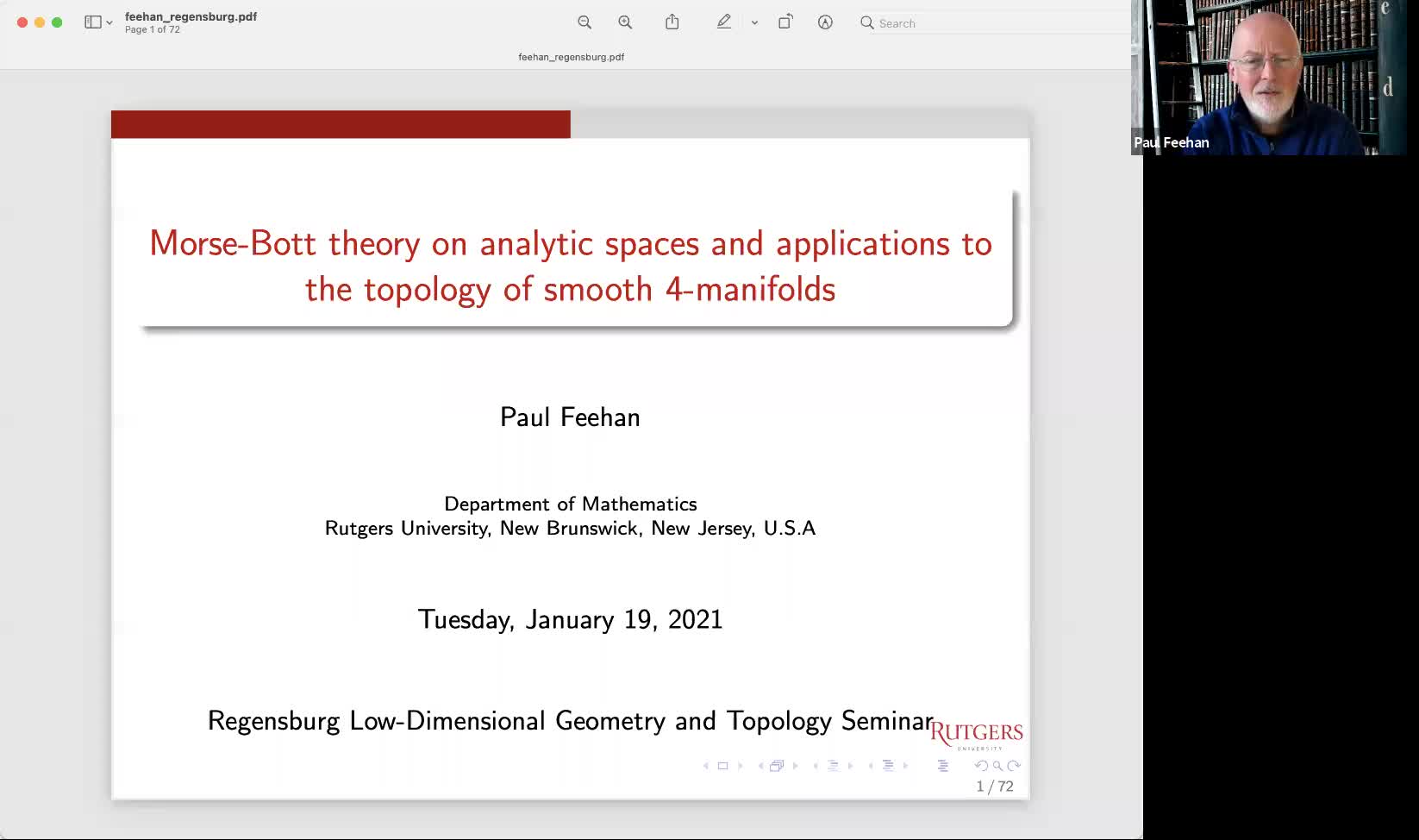 Paul Feehan: Morse-Bott theory on analytic spaces and applications to topology of smooth 4-manifolds