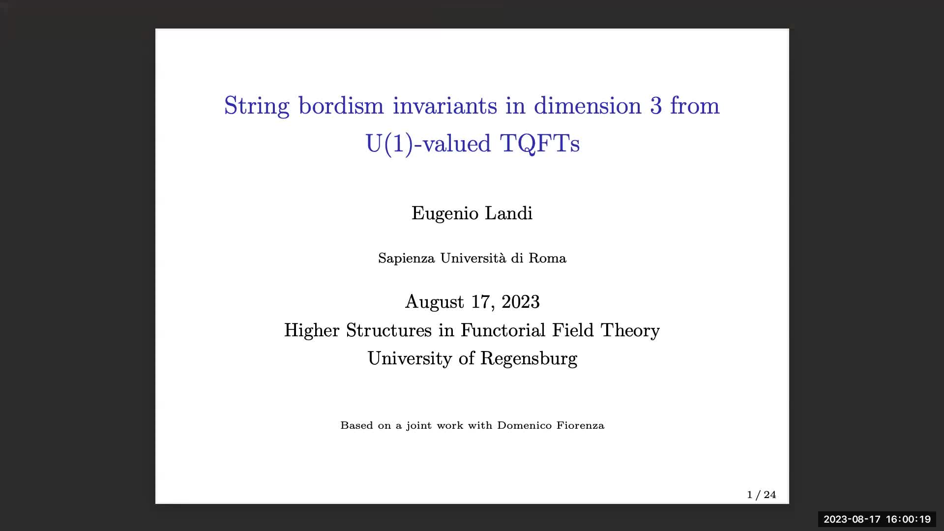 Eugenio Landi: String bordism invariants in dimension 3 from U(1)-valued TQFTs