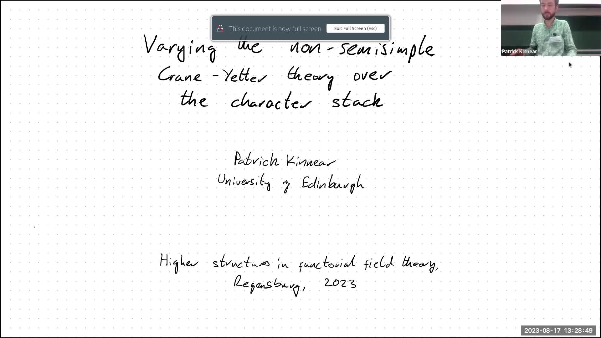 Patrick Kinnear: Varying the non-semisimple Crane-Yetter theory over the character stack
